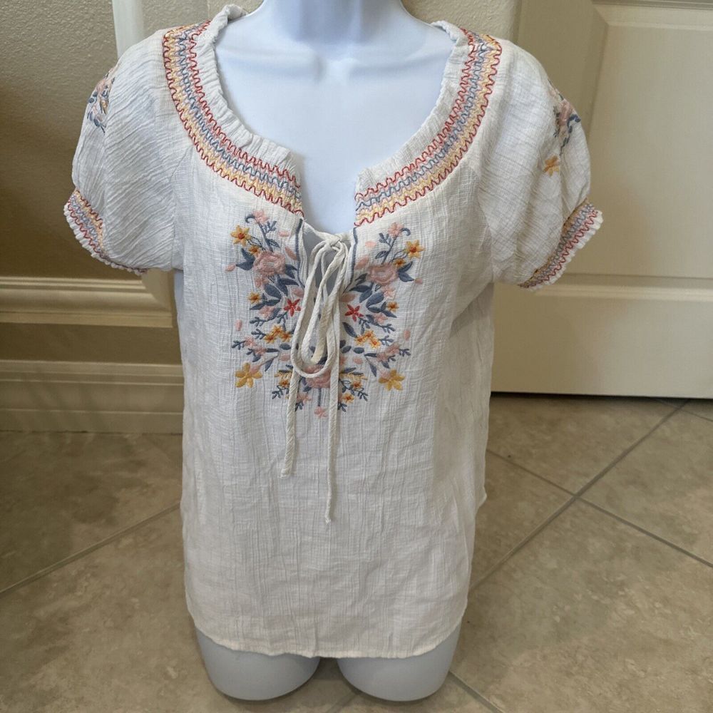 Sweet Wonderer Top White Boho Peasant Floral Embroidered Crinkle Gauze Size L